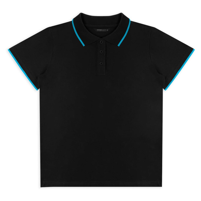 A black polo shirt with turquoise accents on the collar and sleeves, featuring a logo branding.