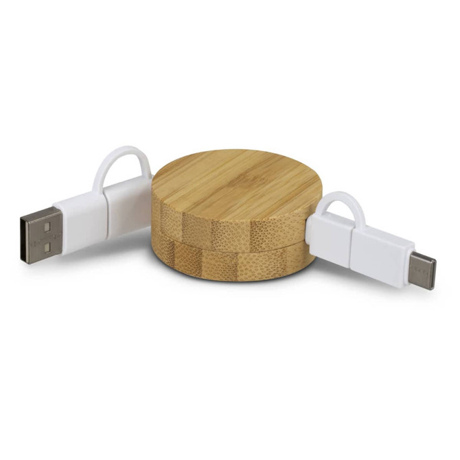 A bamboo retractable charging cable with white connectors on either end, designed for convenient storage.