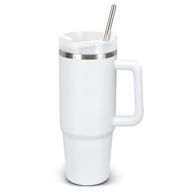 A drink bottle in white with a stainless steel straw and handle, featuring a sleek design.