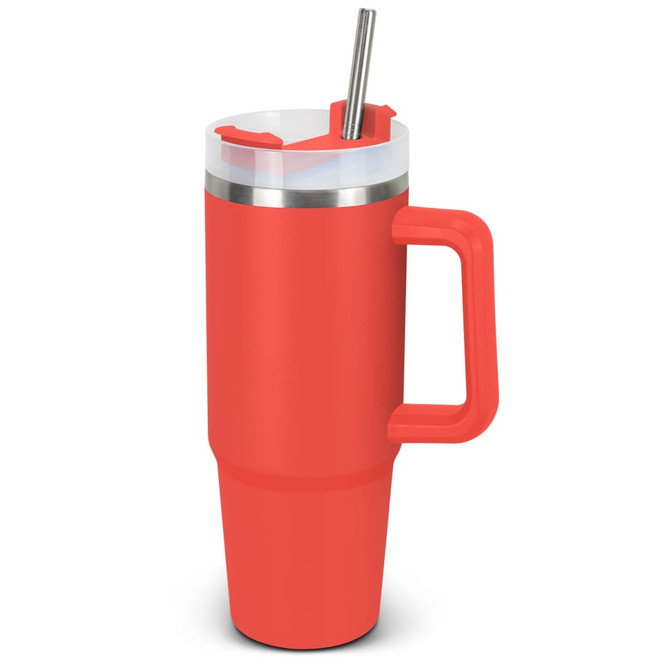 A drink bottle in vibrant red with a stainless steel rim, a handle, and a straw. It has a logo on the side.