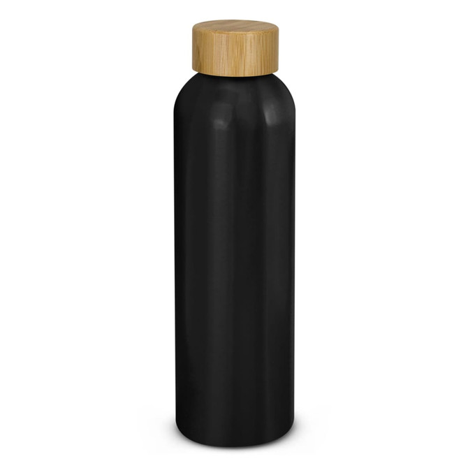 A drink bottle in matte black with a bamboo lid and a simple logo on the body.