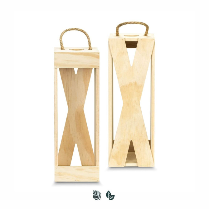 A wooden wine crate with a natural finish, featuring a rope handle and an open design.