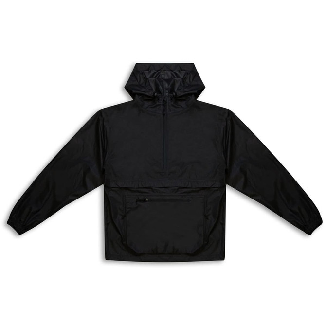 A black windbreaker jacket with a hood and a front pocket, featuring a branding logo.