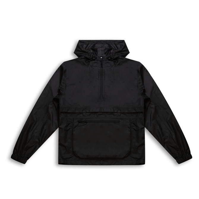 A black women's windbreaker jacket featuring a hood and a front pocket. It has a logo on the design.