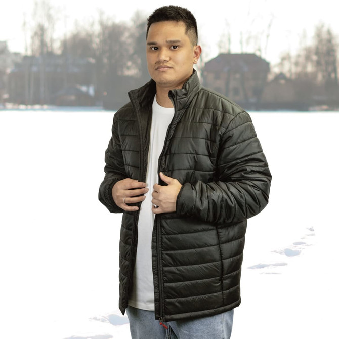 A puffer jacket in dark green, featuring a high collar and zip closure, worn by a model against a snowy background.