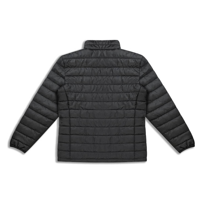 A black women's puffer jacket featuring a horizontal quilted design and a high collar, with a logo on the back.