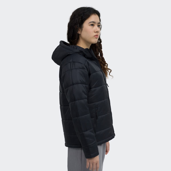 A black puffer jacket with a hood, featuring a quilted design and a side view of a model wearing it.