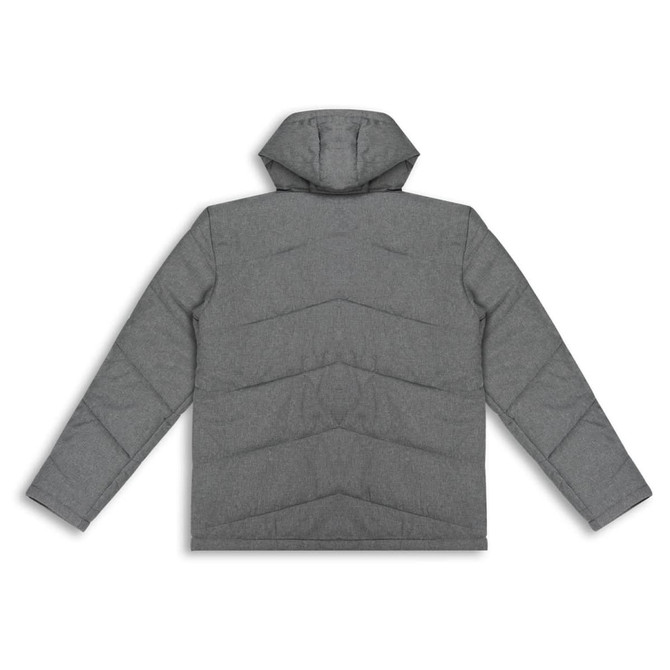 A grey puffer jacket with a hood, featuring a chevron design on the back and long sleeves.