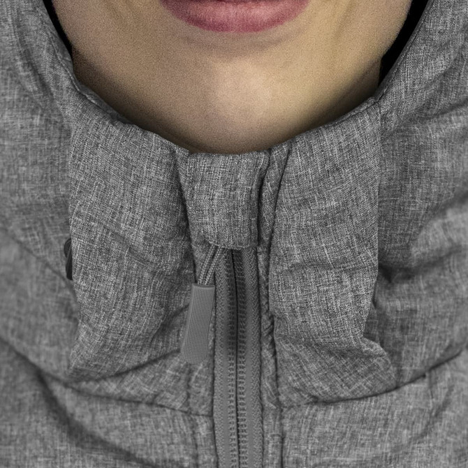 A close-up of a grey puffer jacket collar with a zip, featuring a hood and a textured fabric.