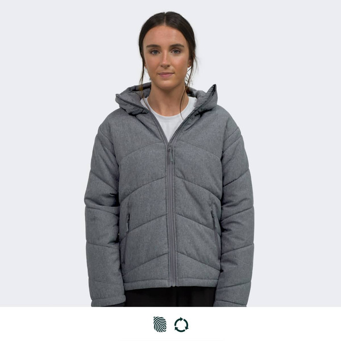 A grey women's puffer jacket with a hood, featuring a zip closure and a quilted design.