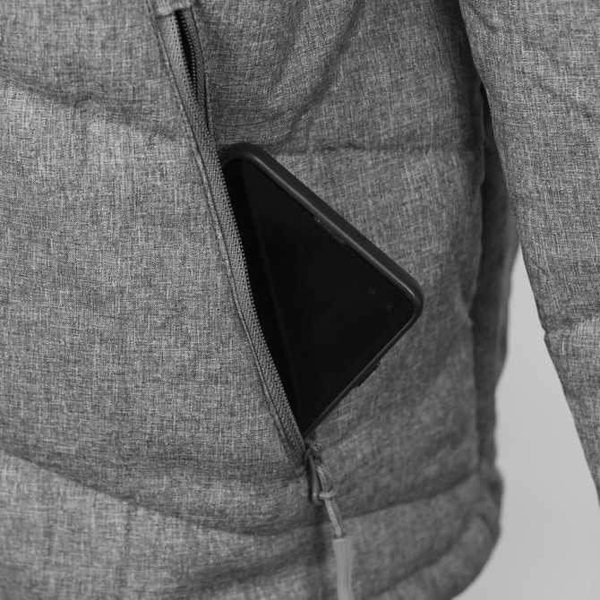 A grey puffer jacket displaying a smartphone tucked into its zippered pocket. The jacket has a sleek, modern design.