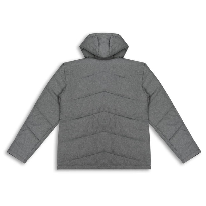 A grey women's puffer jacket with a hood and quilted design, featuring long sleeves and a logo.