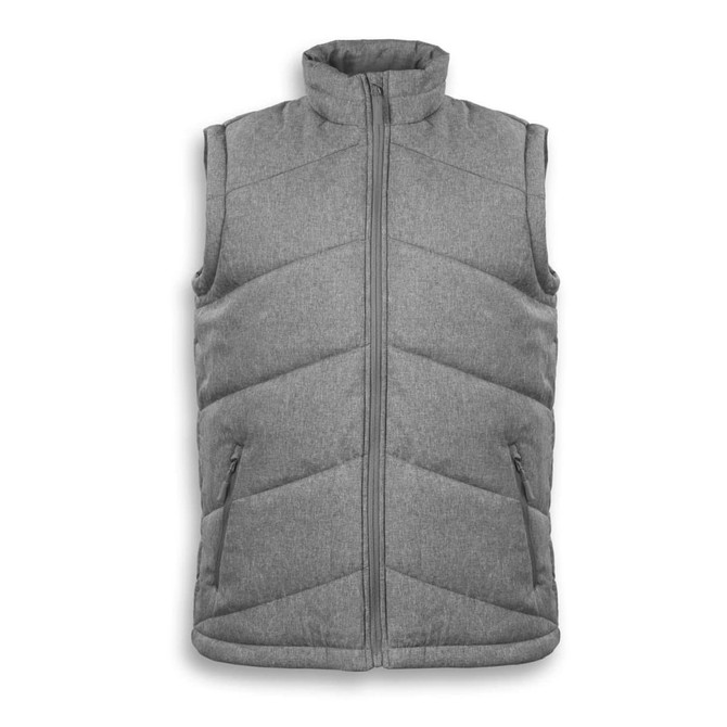 A grey puffer vest with a high collar and zip front, featuring two side pockets and a simple logo.