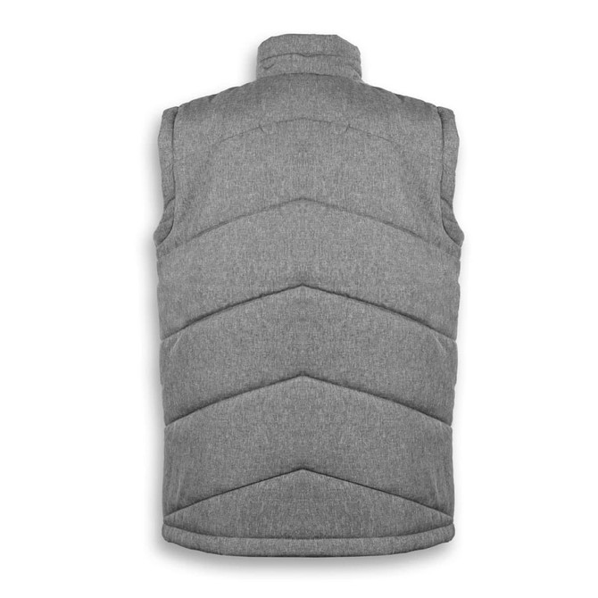 A grey men's puffer vest with a quilted design and high collar, featuring a logo on the back.