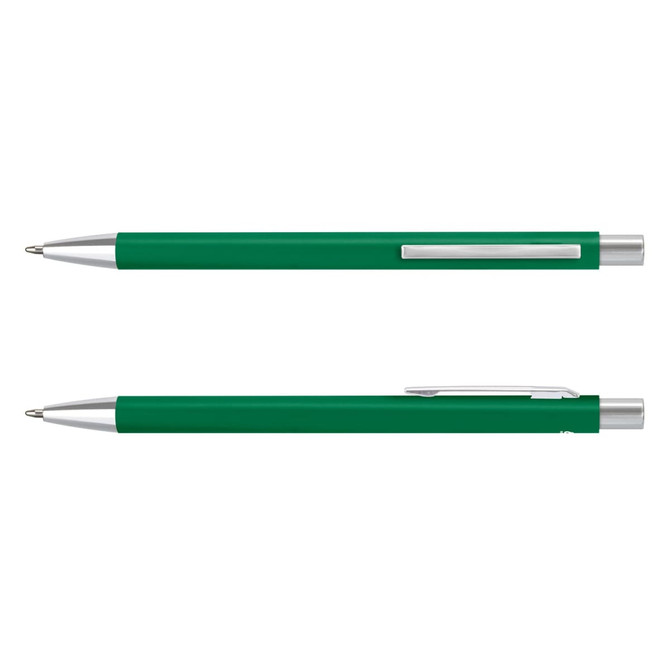 A green metal pen with a sleek silver clip and tip, featuring a simple design and a branded logo.