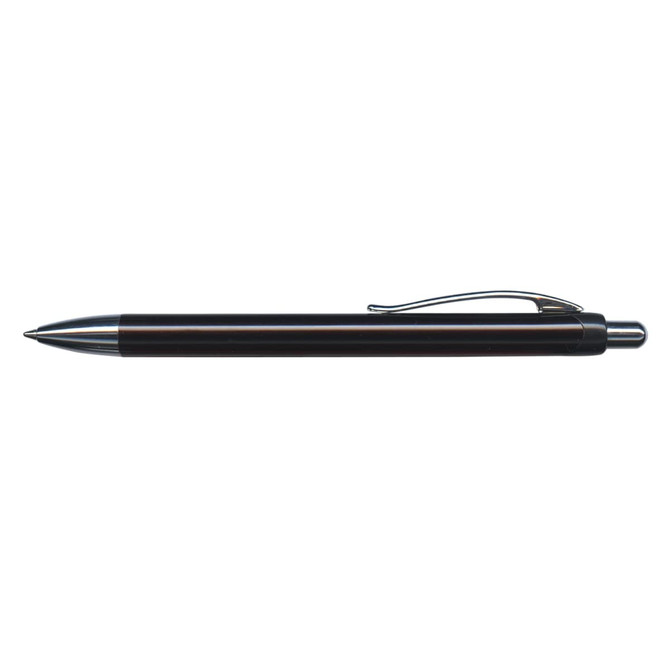 A sleek metal pen featuring a black finish and a clip for easy carrying.