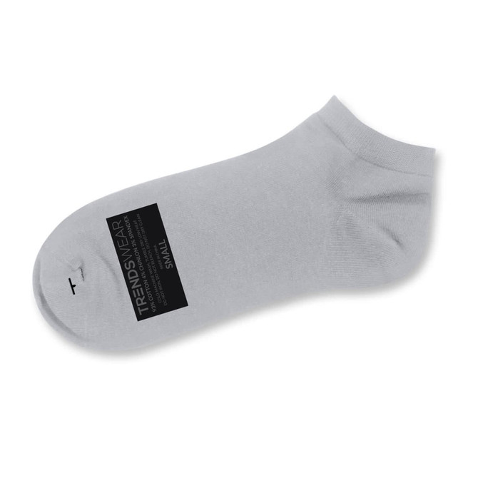 A grey ankle sock made from soft material, featuring a logo and a label indicating size.