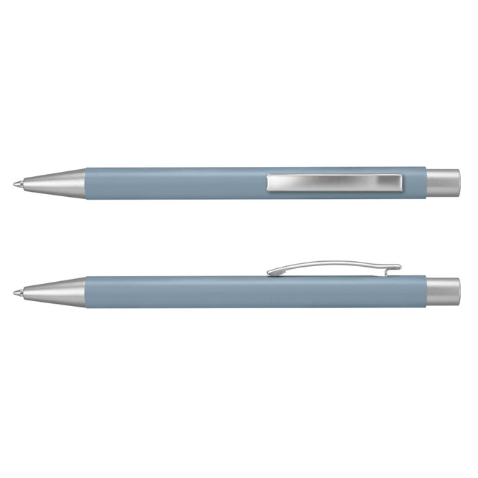 A metal pen in a soft blue colour with silver accents and a clip. The design is sleek and modern.