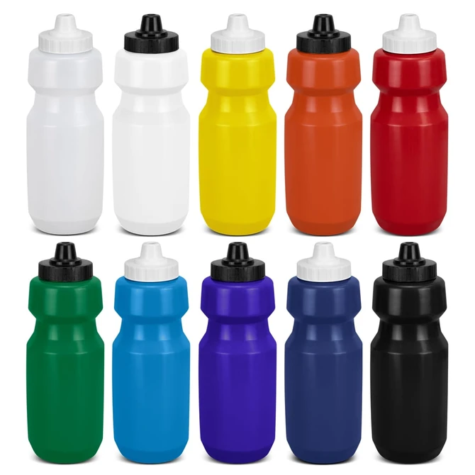 A drink bottle set featuring twelve bottles in white, yellow, orange, green, blue, purple, and black, each with a black cap.