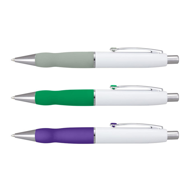 A collection of Turbo Pens with white barrels and coloured grips in grey, green, and purple, featuring metal accents.
