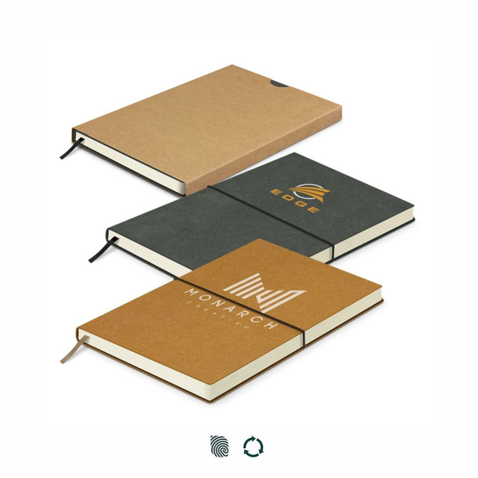 Three recycled soft cover notebooks in brown, green, and tan, featuring various branding and designs.