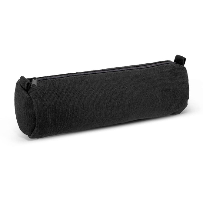 A black cylindrical pencil case with a zip closure and a small grab handle. It features a logo.