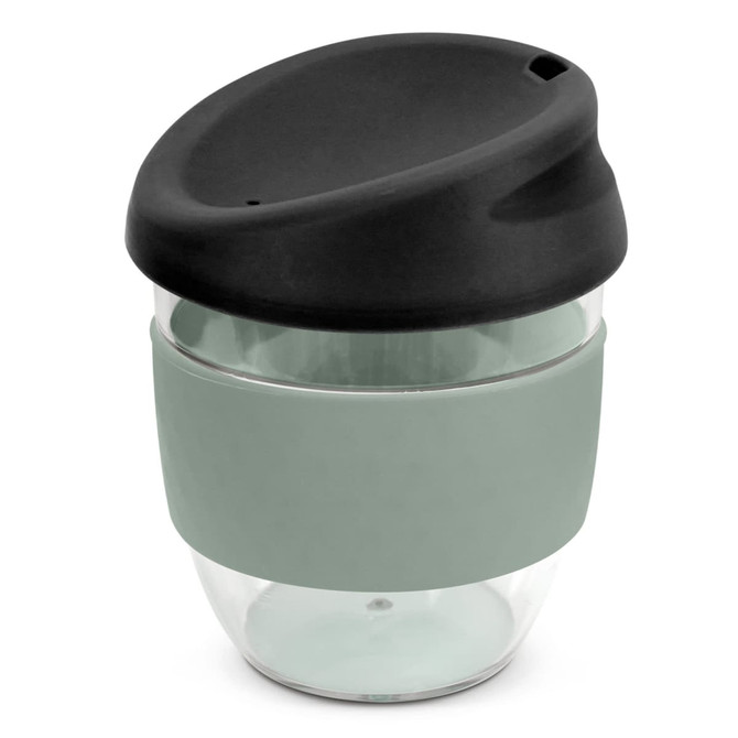 A drink bottle featuring a clear body with a grey silicone sleeve and a black lid. It has a logo on the side.