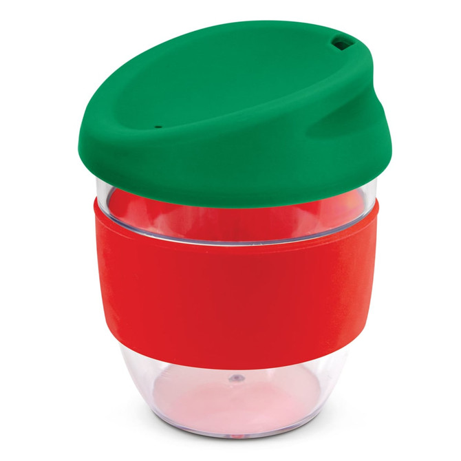 A drink bottle featuring a clear body with a red silicone band and a green lid. It has a logo.