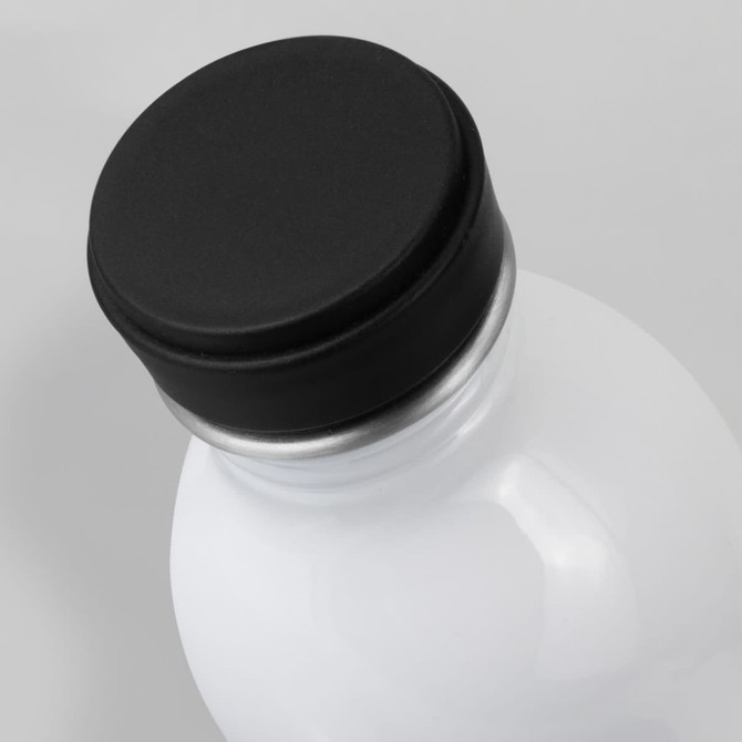 A drink bottle with a glossy white body and a black screw-on lid, featuring a logo on the side.