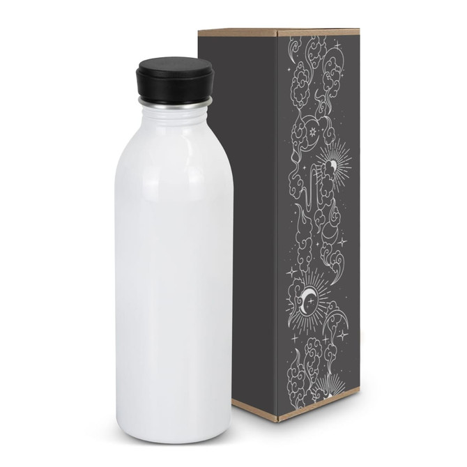 A drink bottle in a sleek white finish with a black lid, accompanied by a decorative box featuring intricate designs.