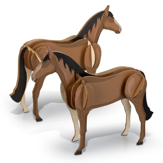 A wooden model of two horses in brown tones with black manes, featuring natural wood accents and a logo.