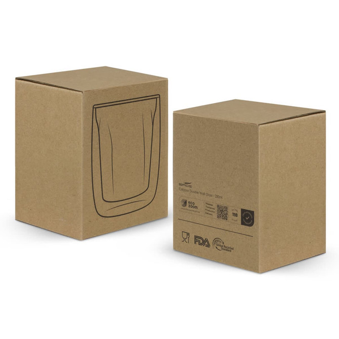 A glassware box featuring the SPICE Calypso Double Wall Glass, showcasing a simple, eco-friendly design in brown.