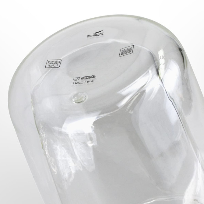 A clear double wall glass with a smooth surface and a logo, designed for beverages, holds 330ml.