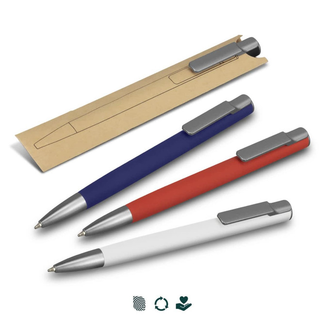 Three metal pens in blue, red, and white, displayed on a kraft paper packaging. Each pen has a silver clip and branding.