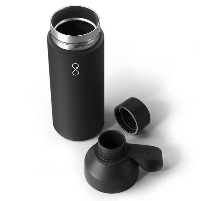 A drink bottle in matte black with a removable lid and spout, featuring a logo on the body.