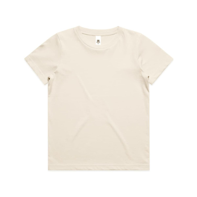 A plain beige kids' t-shirt with a round neck and short sleeves, featuring a brand logo.