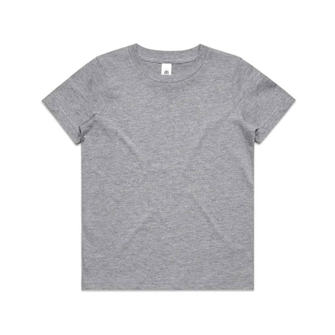 A grey kids' staple tee with a round neckline and short sleeves. It features a tag at the collar.