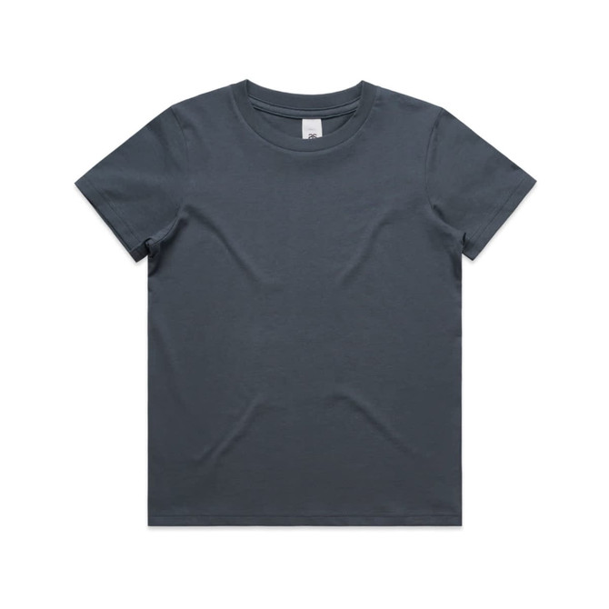 A kids' t-shirt in a dark blue-grey colour, featuring a plain design and a tag inside. It has a logo on the label.