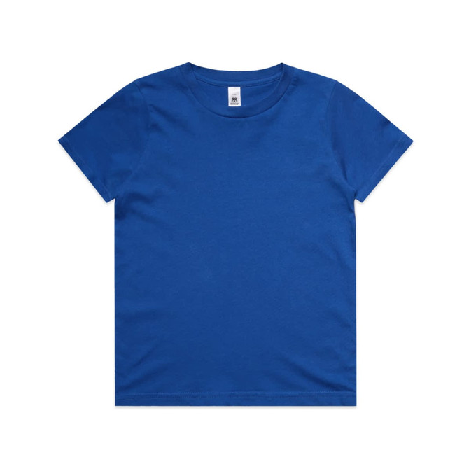 A blue children's t-shirt with a round neckline and short sleeves, featuring a branding label inside.