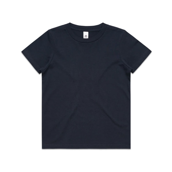 A navy blue kids' T-shirt with a round neckline and short sleeves, featuring a logo.