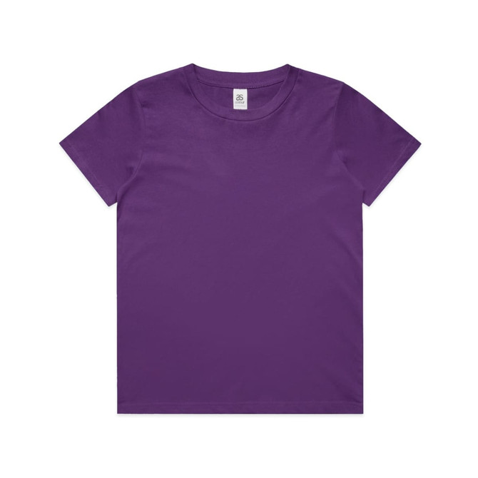 A purple youth t-shirt with a round neck and short sleeves, featuring a logo on the label.