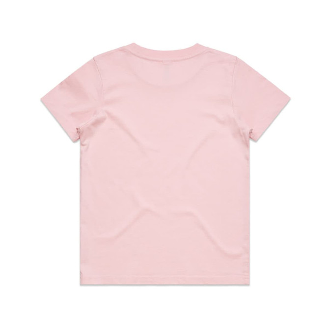 A plain pink kids' T-shirt with short sleeves and a simple design, featuring a logo on the back.