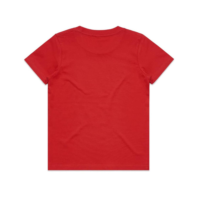A red kids' t-shirt featuring a plain design and a logo on the back.