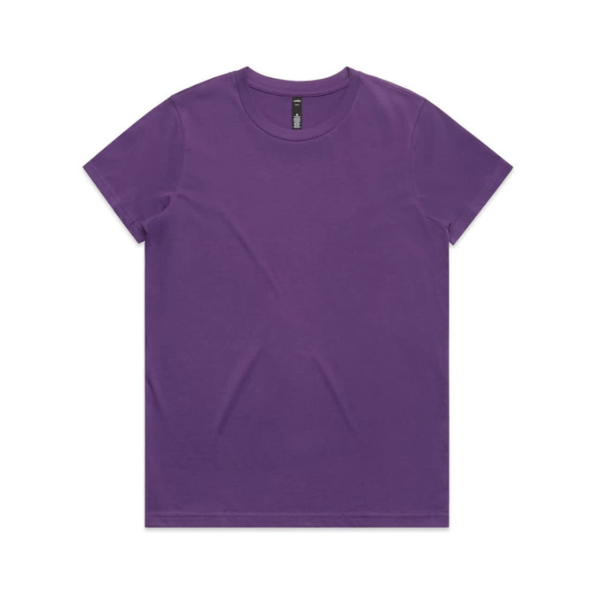 A purple t-shirt with a round neck and short sleeves, featuring a logo on the interior label.