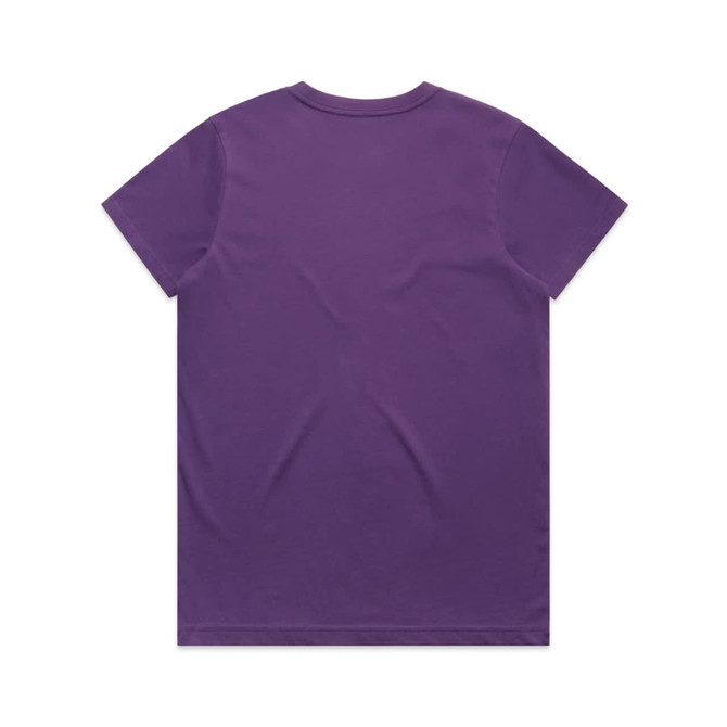 A purple t-shirt featuring a classic crew neck design. The garment has a smooth texture and short sleeves.