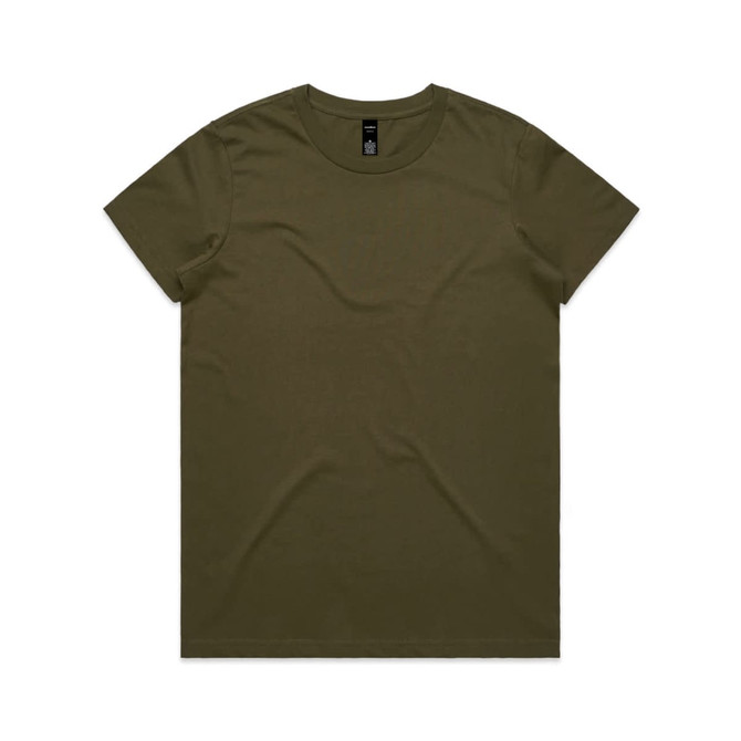 An olive green T-shirt featuring a round neck and short sleeves, with a logo on the label.