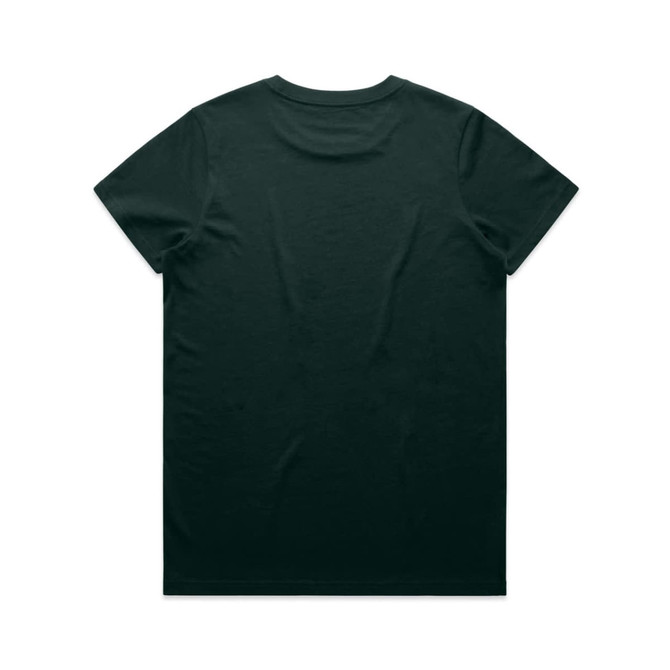 A green t-shirt displayed from the back, featuring a plain design and a logo on the neck.
