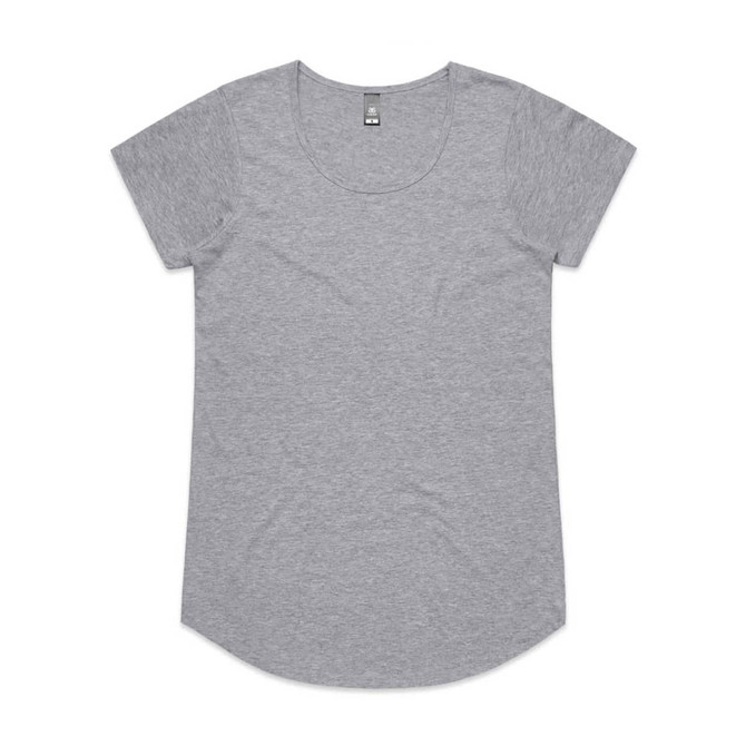 A grey T-shirt with a rounded neckline and short sleeves, featuring a logo on the label.
