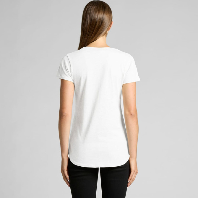 A white t-shirt with short sleeves and a curved hem, featuring a logo on the back.