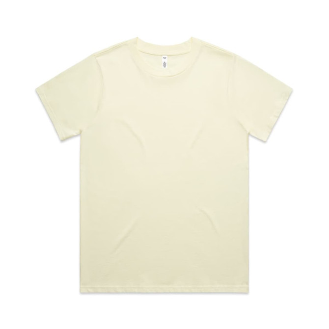 A light yellow t-shirt with short sleeves, featuring a rounded neckline and a small logo.